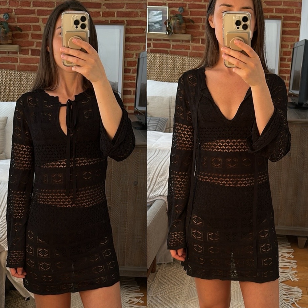 Zara pointelle knit dress long sleeve beach cover up mini small black 0014/103